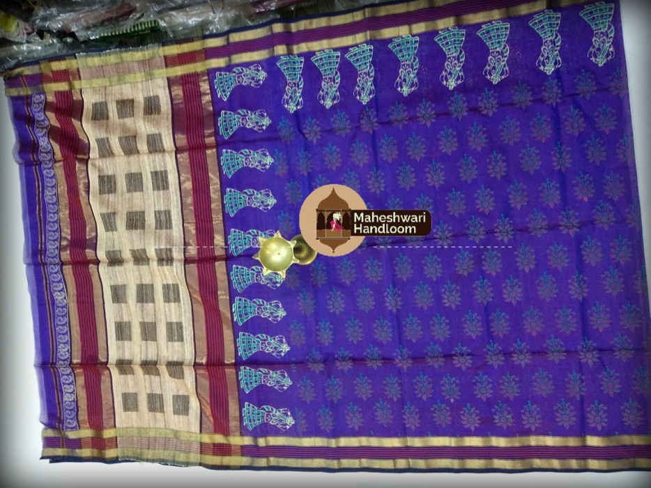 Maheshwari Royal Blue Kosa Buta Printed Saree