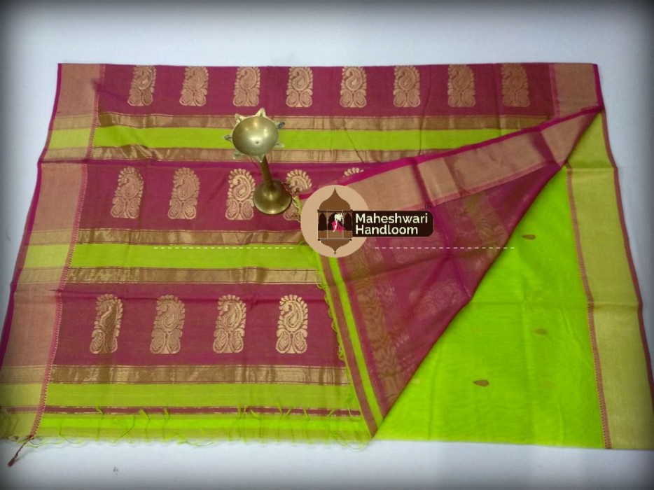 Maheshwari Parrot Green Buti Weaving Buta Pallu Saree