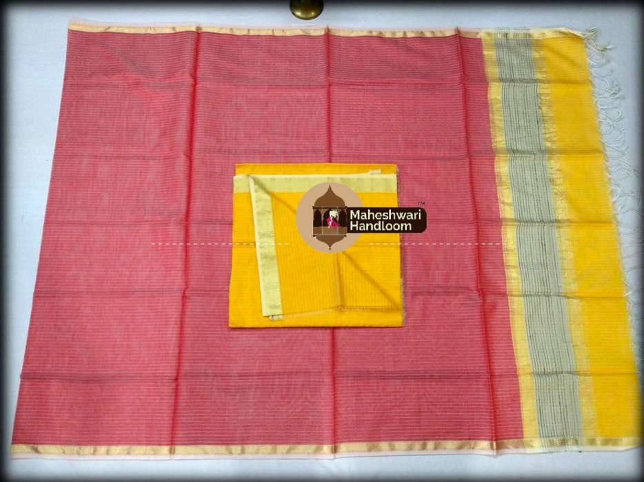 Maheshwari Yellow -Red Top And Dupatta Material