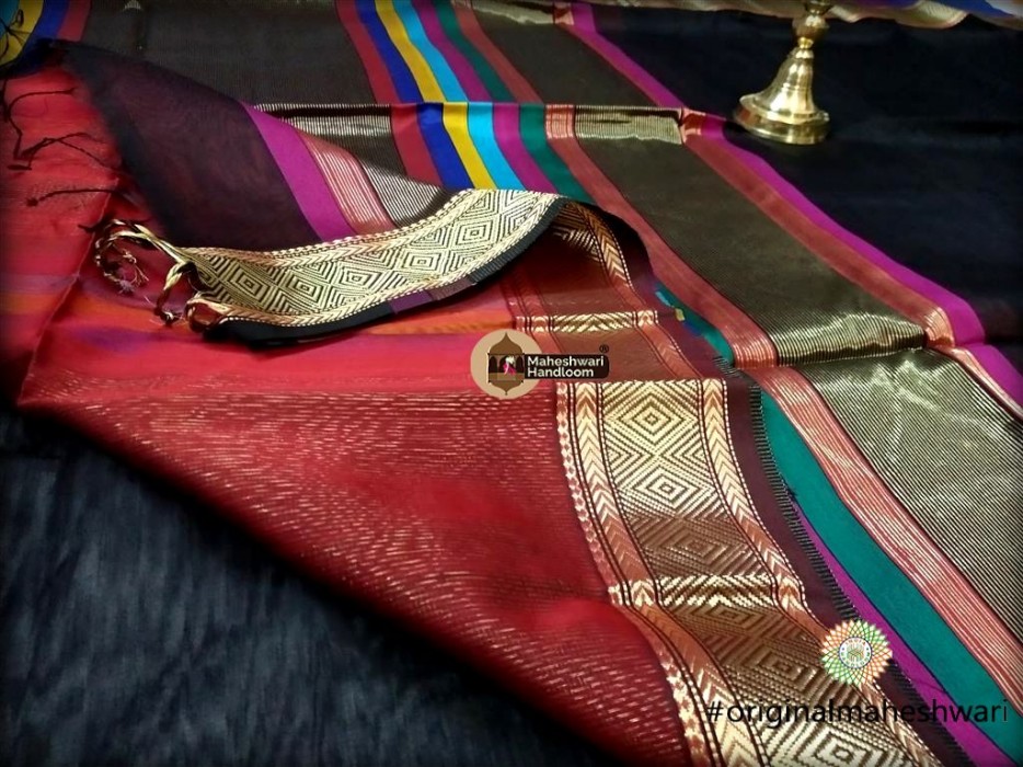 Maheshwari Black Shahded Jari Border Saree