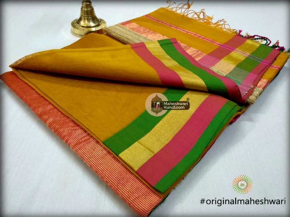 Handwoven Maheshwari Kosa Pallu Mustard Yellow Saree