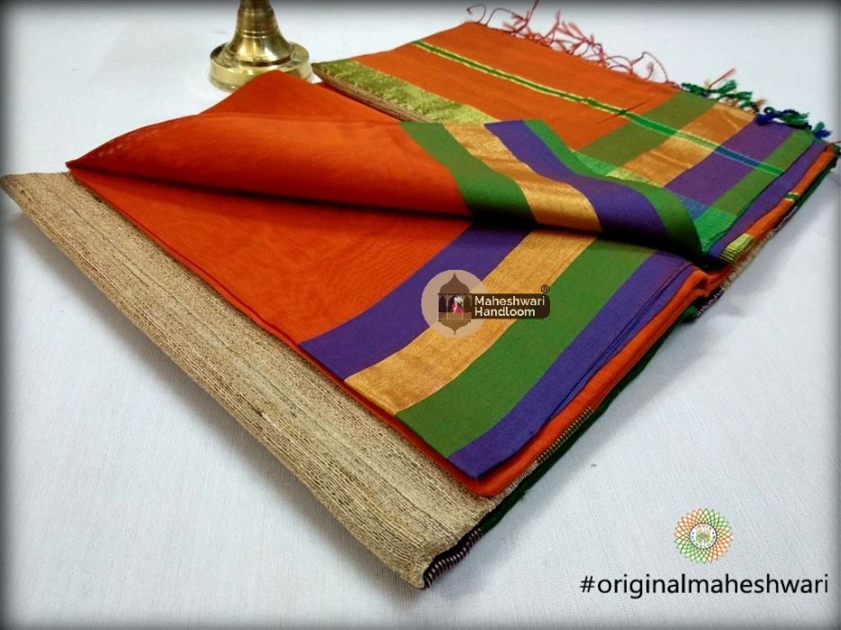 Handwoven Maheshwari Kosa Pallu Orange Saree