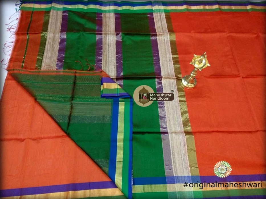 Handwoven Maheshwari Kosa Pallu Orange Saree