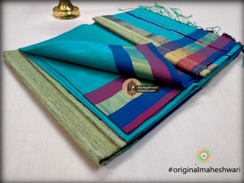 Handwoven Maheshwari Kosa Pallu Firozi Saree