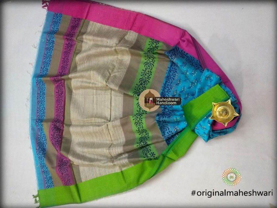 Maheshwari Skyblue  Handblock Print Saree