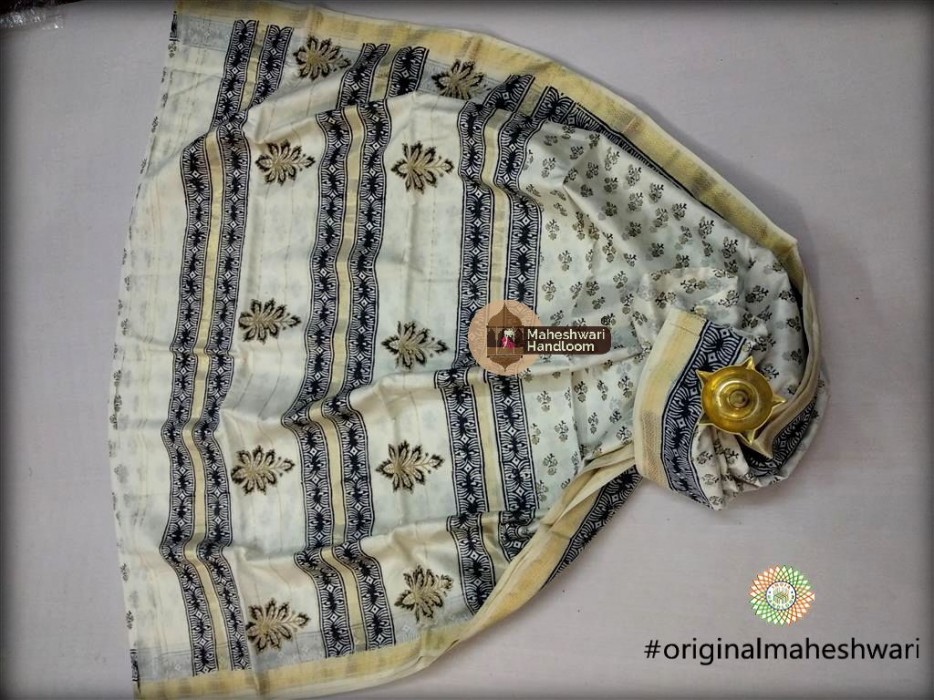 Maheshwari White and Gold  Handblock Print Saree
