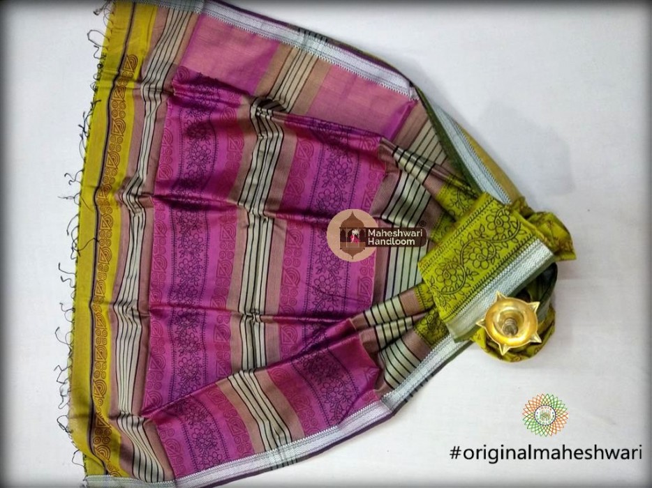 Maheshwari Green Handblock Print Saree