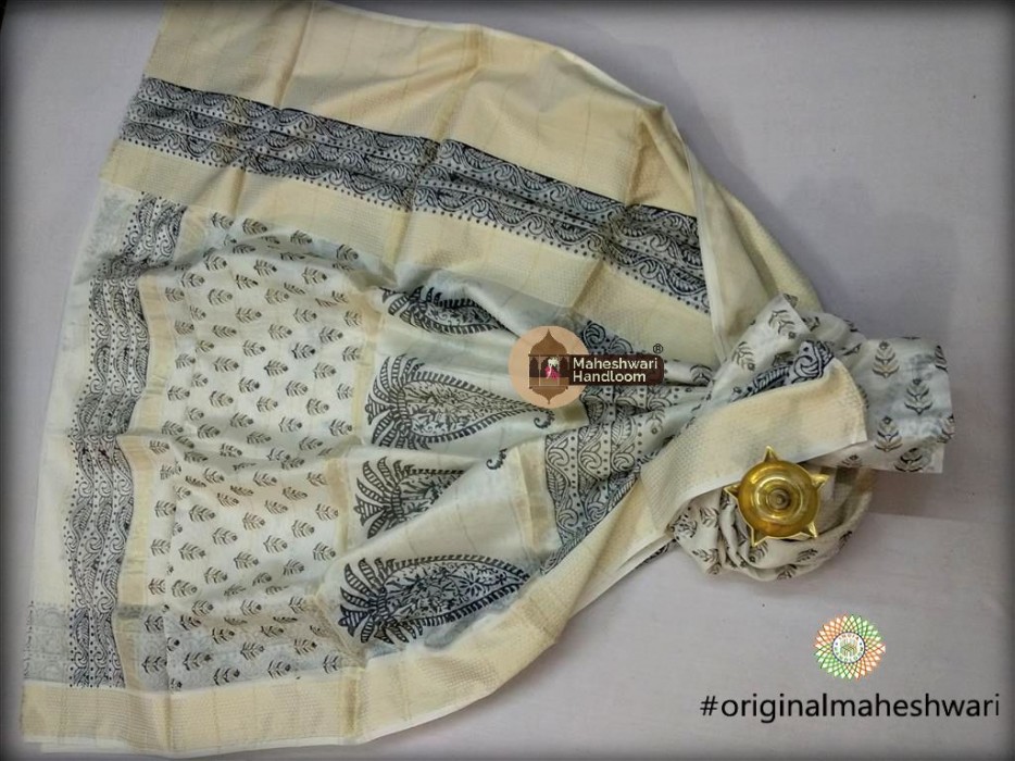 Maheshwari White   Handblock Print Saree