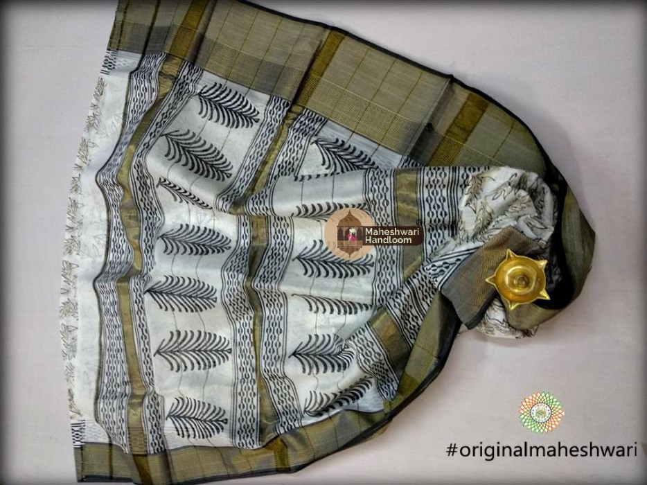 Maheshwari White  Handblock Print Saree