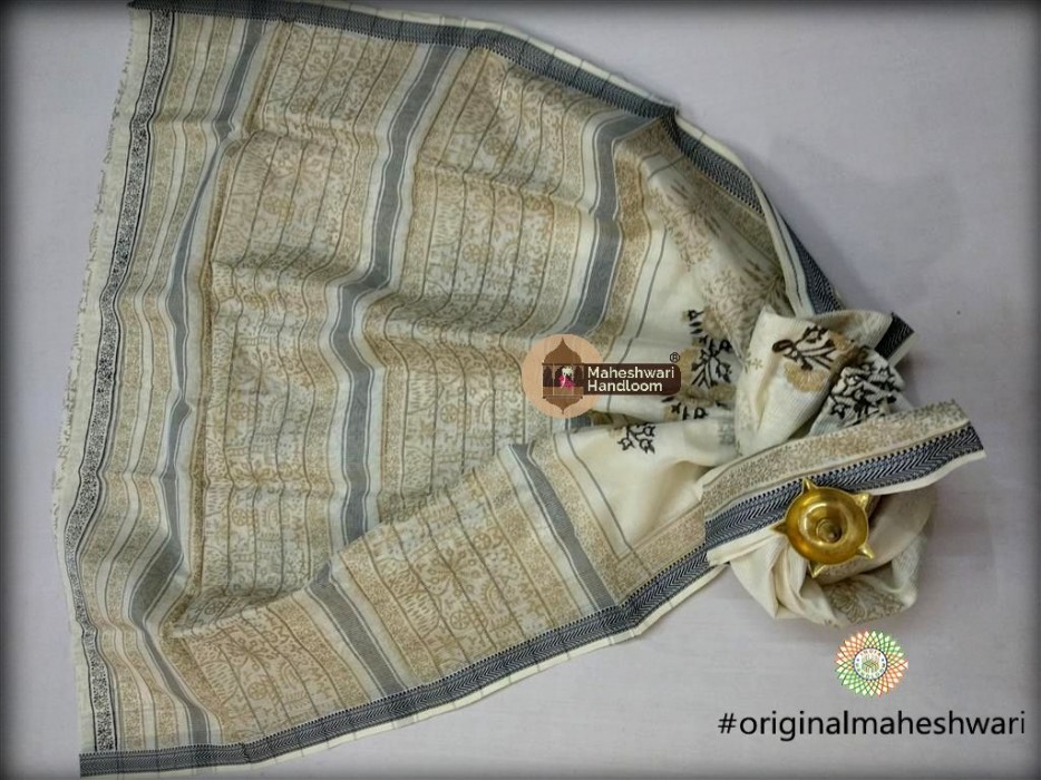Maheshwari White and Gold  Handblock Print Saree