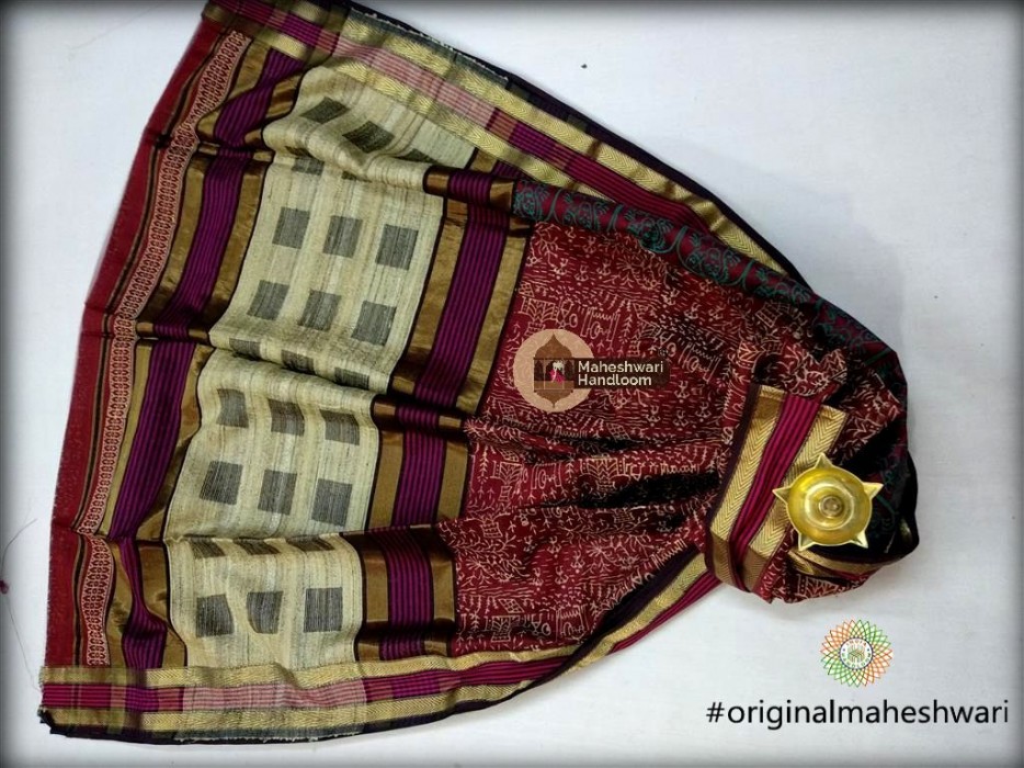 Maheshwari maroon Kosa Pallu Handblock Print Saree