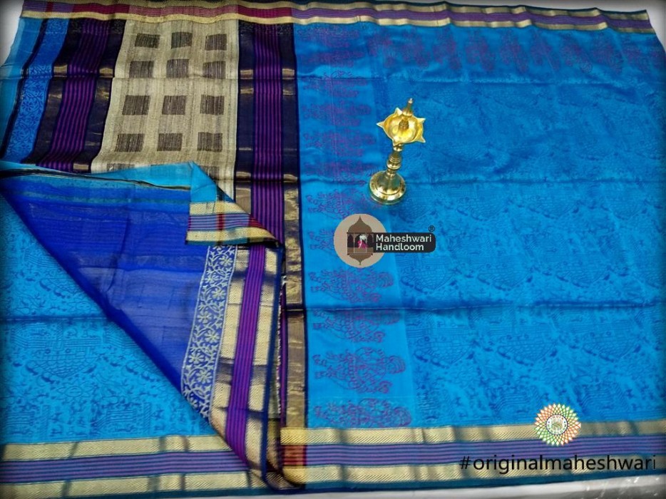 Maheshwari Firozi Kosa pallu  Handblock Print Saree