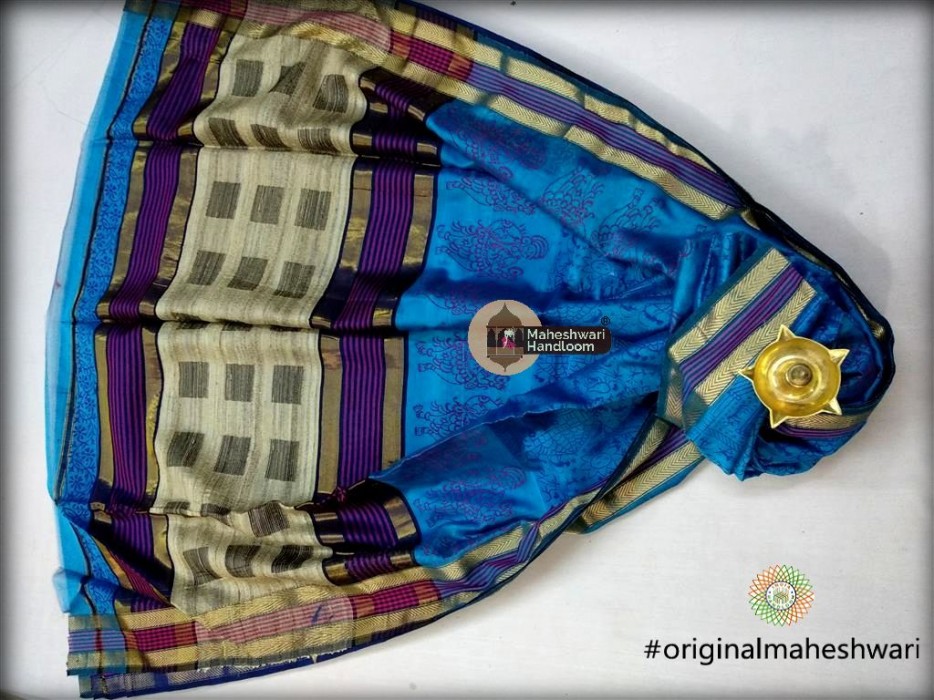 Maheshwari Firozi Kosa pallu  Handblock Print Saree