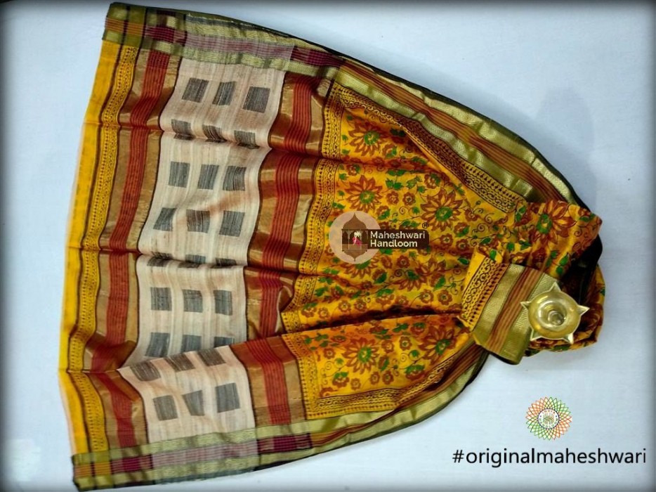 Maheshwari Yellow  Handblock Print Saree