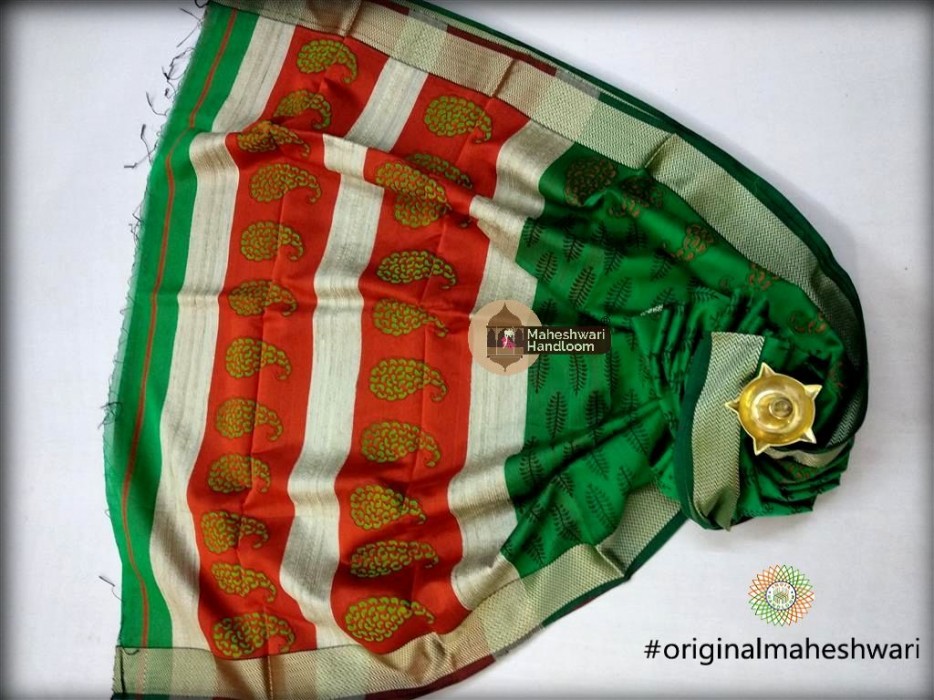 Maheshwari Green Handblock Print Saree