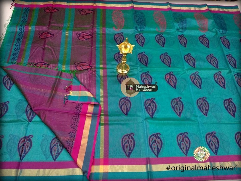 Maheshwari Rama Green  Handblock Print Saree