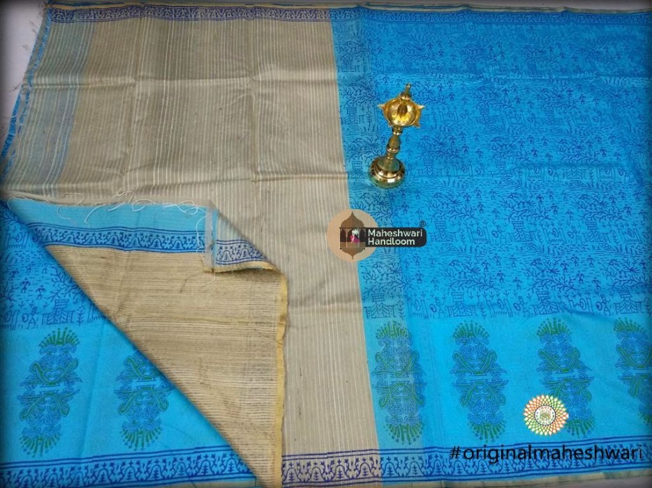 Maheshwari Firozi Kosa Pallu  Handblock Print Saree