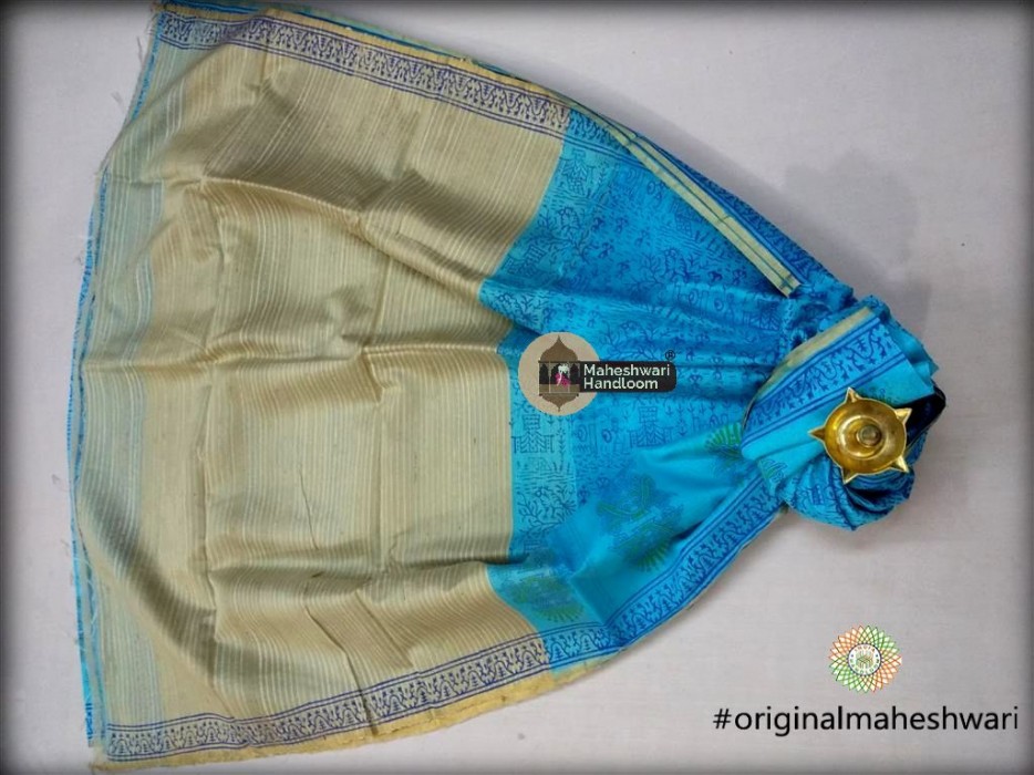 Maheshwari Firozi Kosa Pallu  Handblock Print Saree
