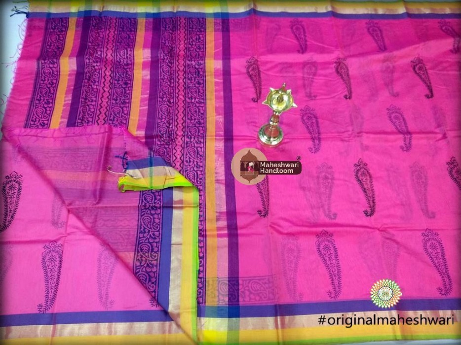 Maheshwari Pink Handblock Print Saree