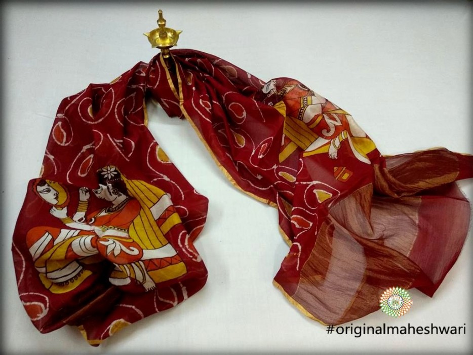 Maheshwari Maroon Handpainted Batik print Dupatta 