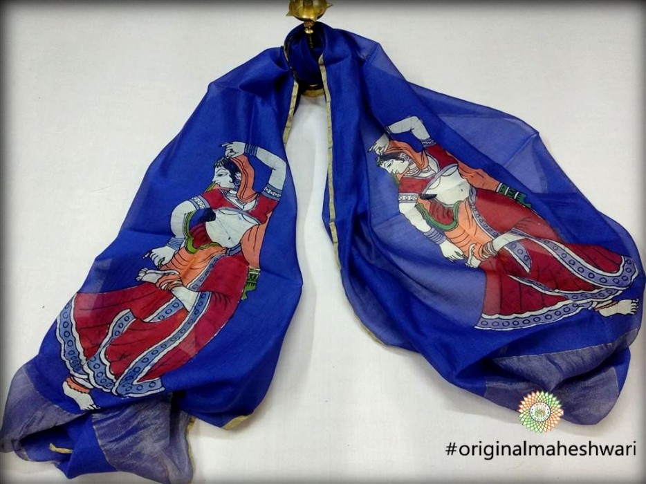 Maheshwari Blue Handpainted  Dupatta