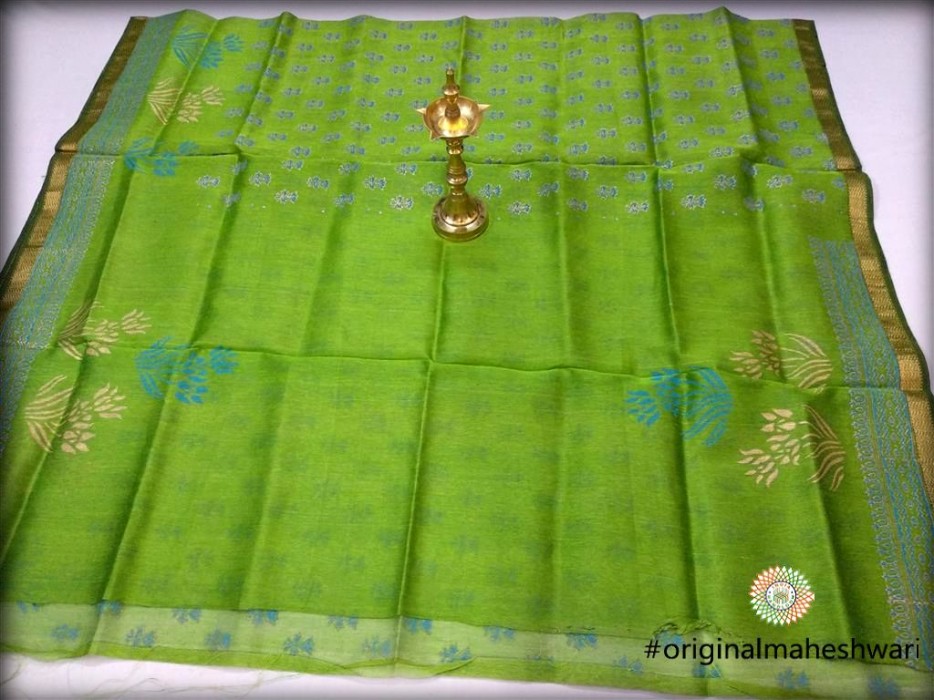 Maheshwari Green Printed Linen weaving  Kurti material
