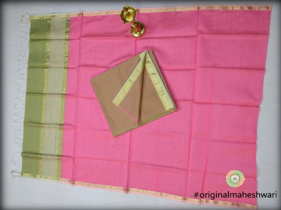Maheshwari Pista Top ,peach Bottom And Pink Dupatta Material