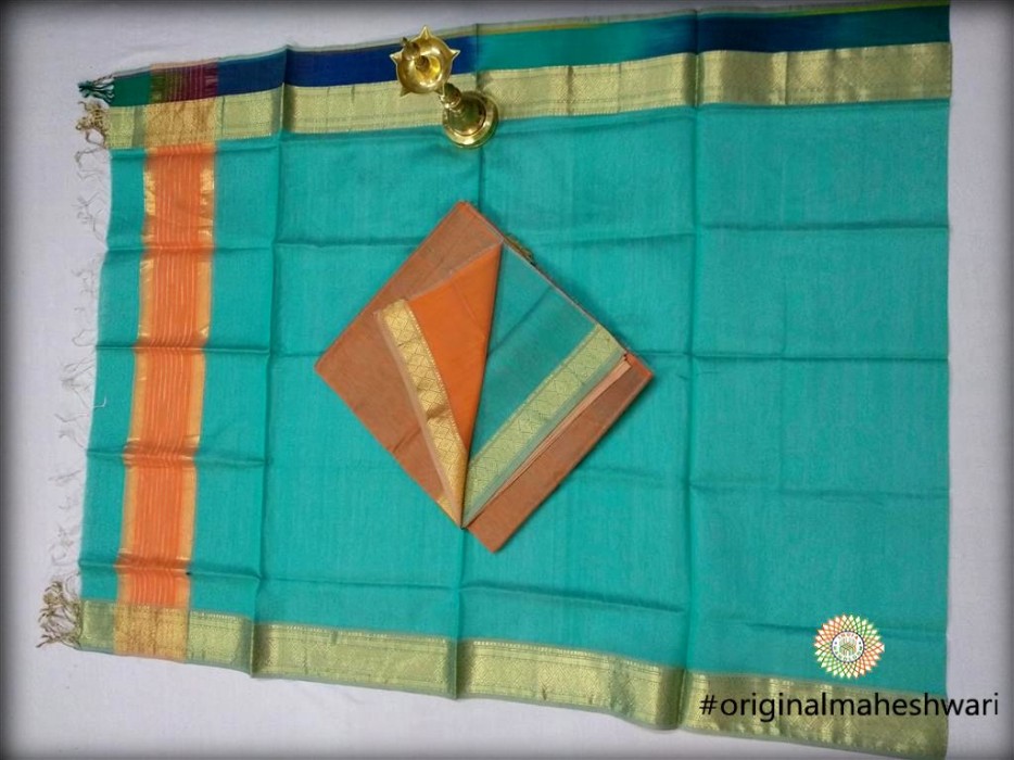 Maheshwari Orange -Sea Blue Dress  Material