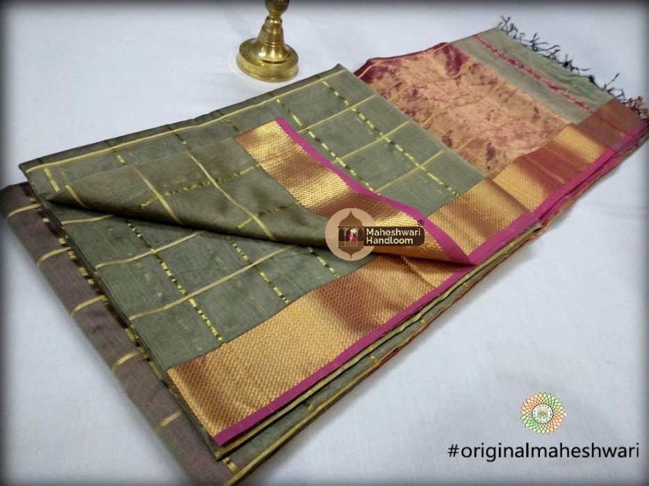 Mahehswari Grey  Jari Checks Body Saree