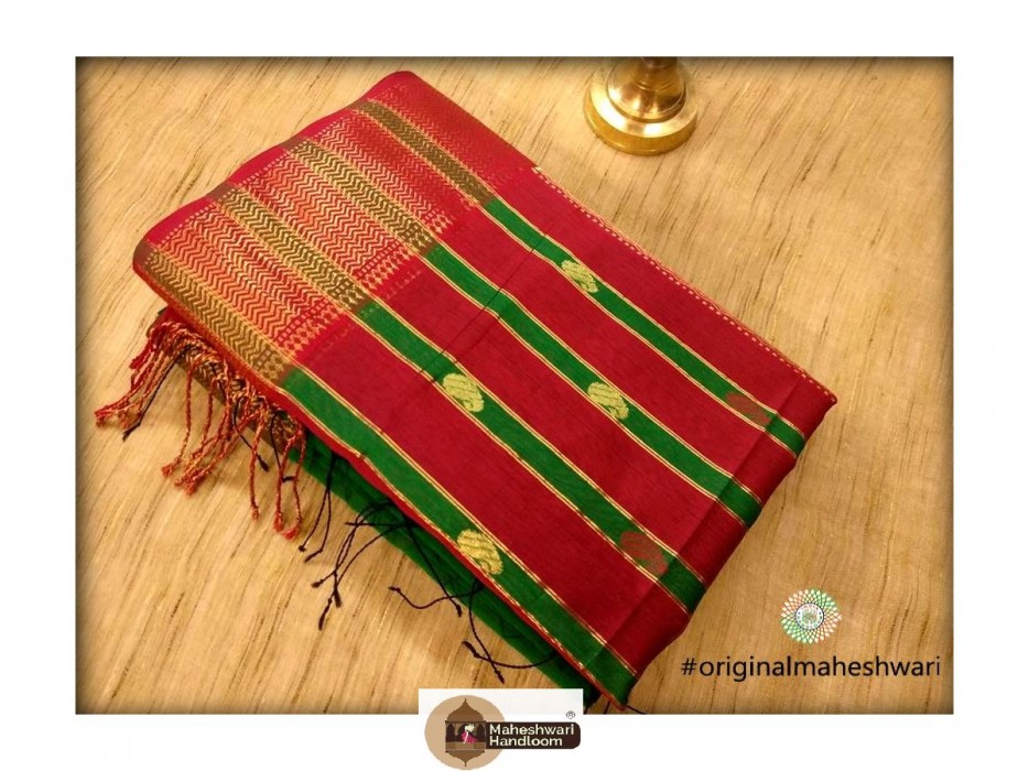 Maheshwari Dark Green Heavy Pallu Bootie Weaving Saree