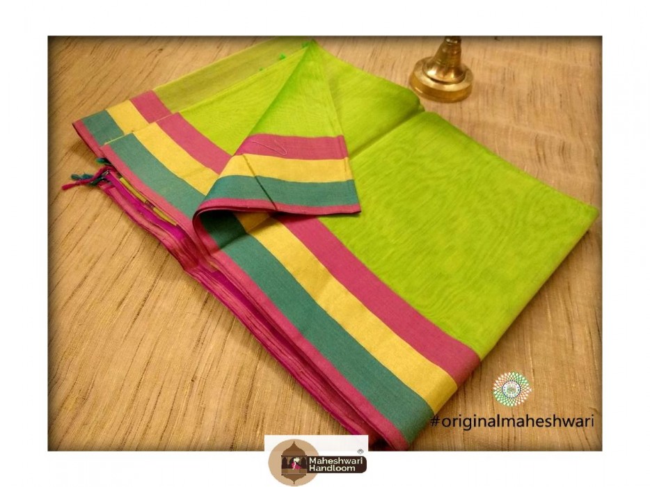 Handwoven Maheshwari  Parrote Green Saree