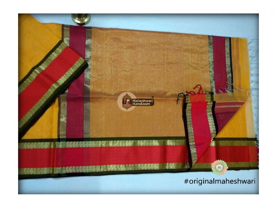 Maheshwari Mustard Yellow Keri buti Border Saree