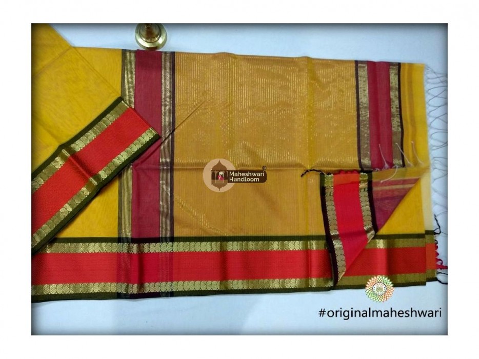 Maheshwari Yellow Keri buti Border Saree