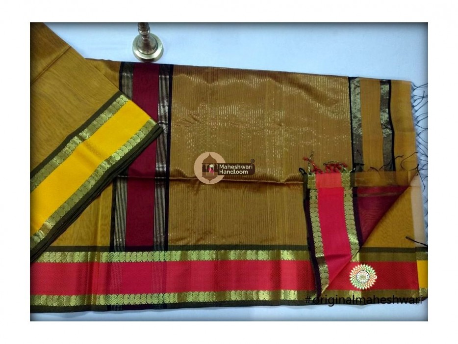 Maheshwari Mustard Yellow  Keri buti Border Saree