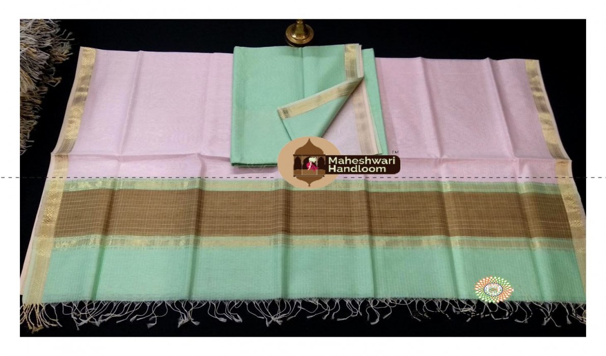 Maheshwari Pista-Rose Pink Blue Dress  Material