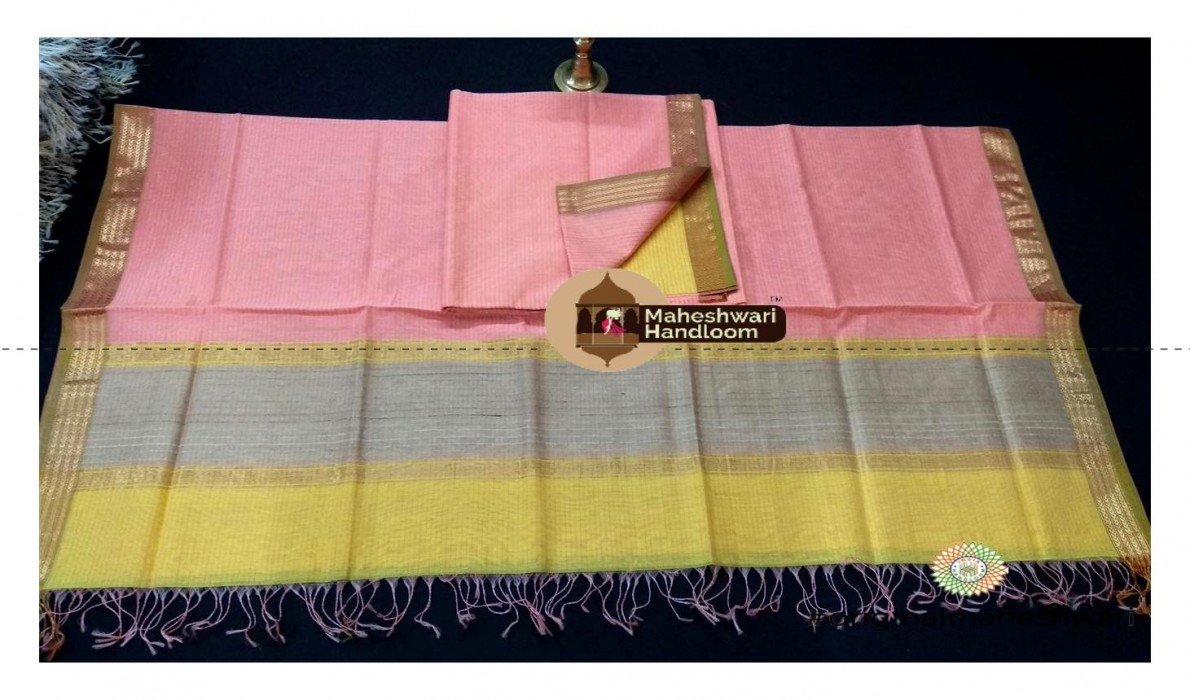 Maheshwari Light Yellow-Rose Pink Dress  Material