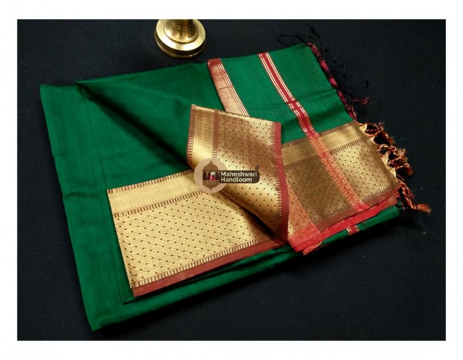 Maheshwari Dark Green Jari Border Saree 