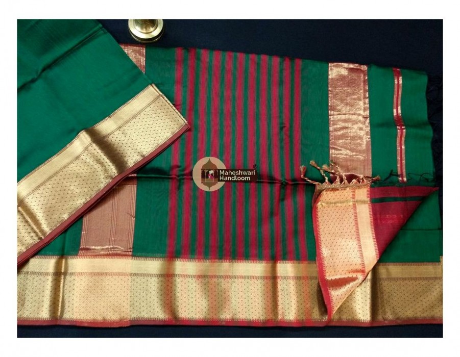 Maheshwari Dark Green Jari Border Saree 