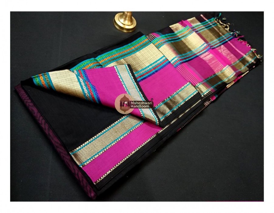 Maheshwari Black Double Resham Border Saree 