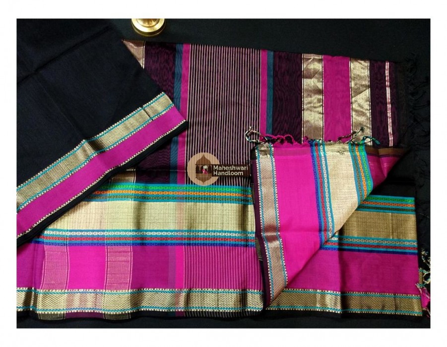 Maheshwari Black Double Resham Border Saree 