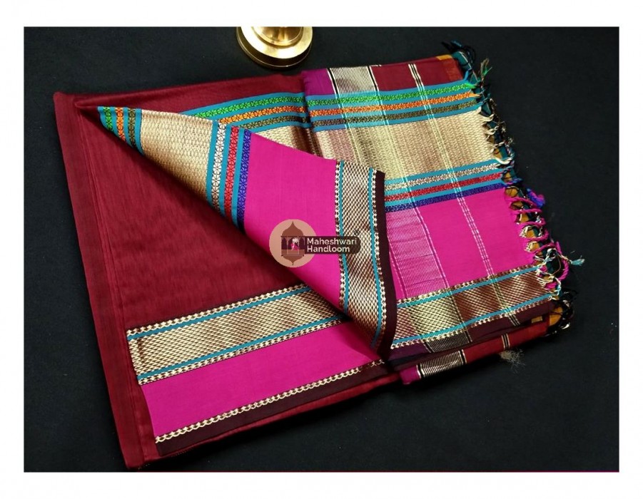 Maheshwari Maroon Double Resham Border Saree