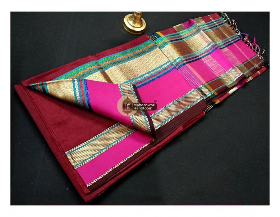 Maheshwari Maroon Double Resham Border Saree