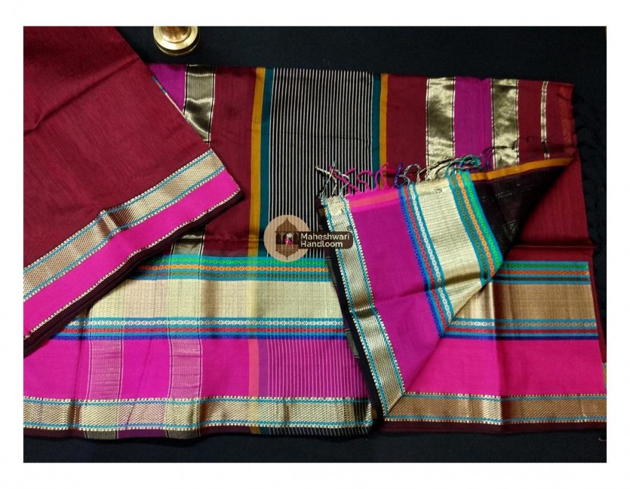 Maheshwari Maroon Double Resham Border Saree