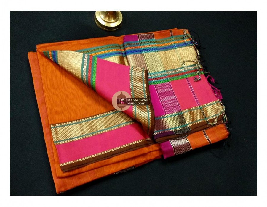 Maheshwari Orange Double Resham Border Saree