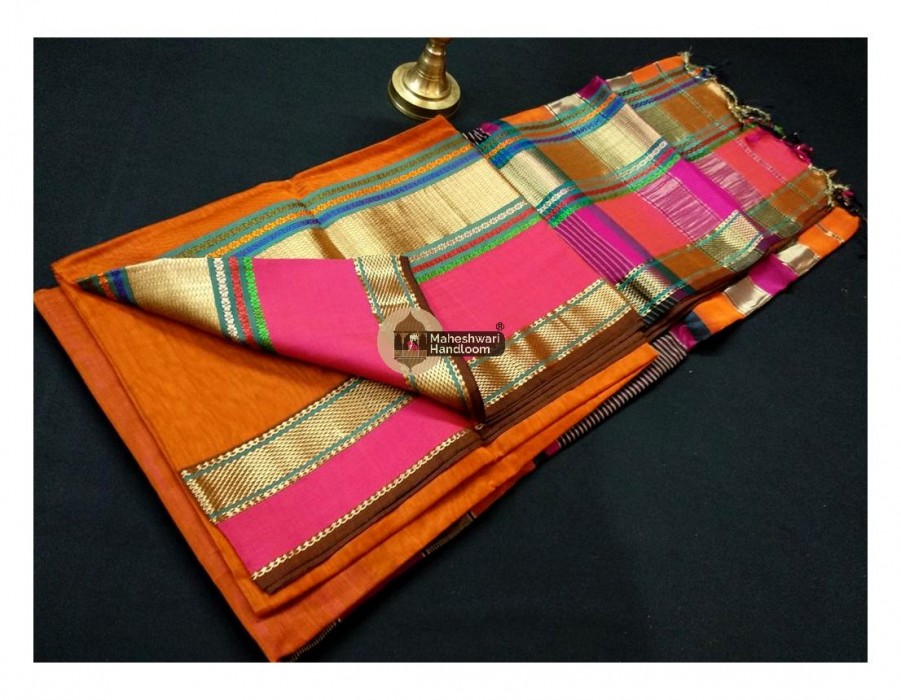 Maheshwari Orange Double Resham Border Saree