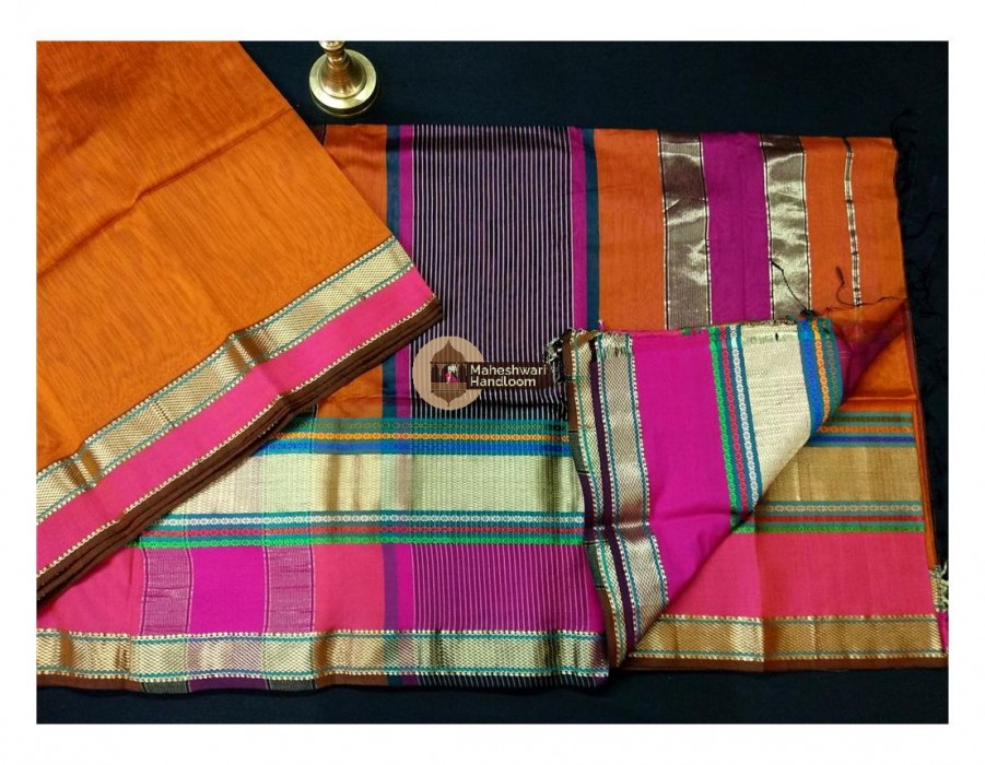 Maheshwari Orange Double Resham Border Saree