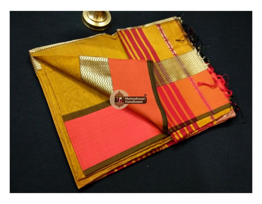 Maheshwari Dark Yellow Double Water wave Jari Border Saree