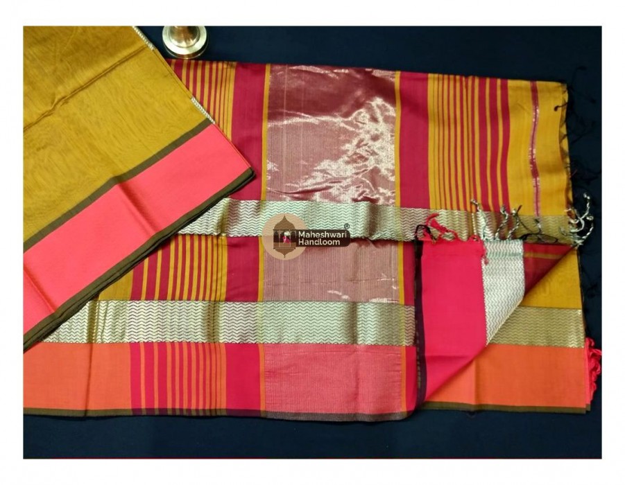 Maheshwari Dark Yellow Double Water wave Jari Border Saree