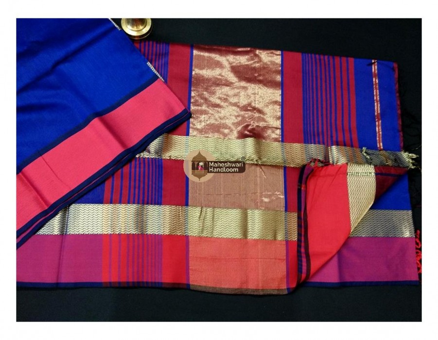 Maheshwari Royal Blue Water Wave Jari Border Saree