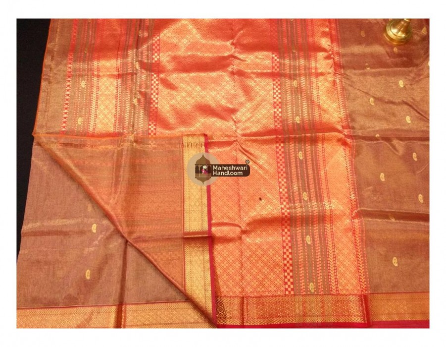 Maheshwari Orange Tissue Buti  Pallu Weaving Saree